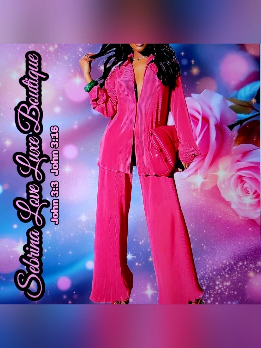 Brand New Hot Pink Pleated Two-Piece Button Front Closure Tunic Top & Pants Set